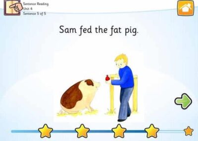Sounds-Write App exercise 'Sentence Reading'. "Sam fed the fat pig".