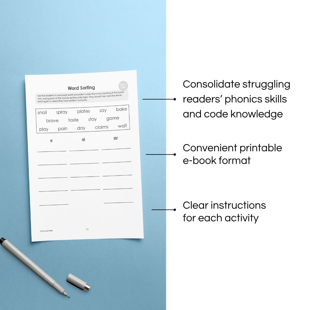 Consolidate struggling readers’ phonics skills and code knowledge Convenient printable e-book format Clear instructions for each activity