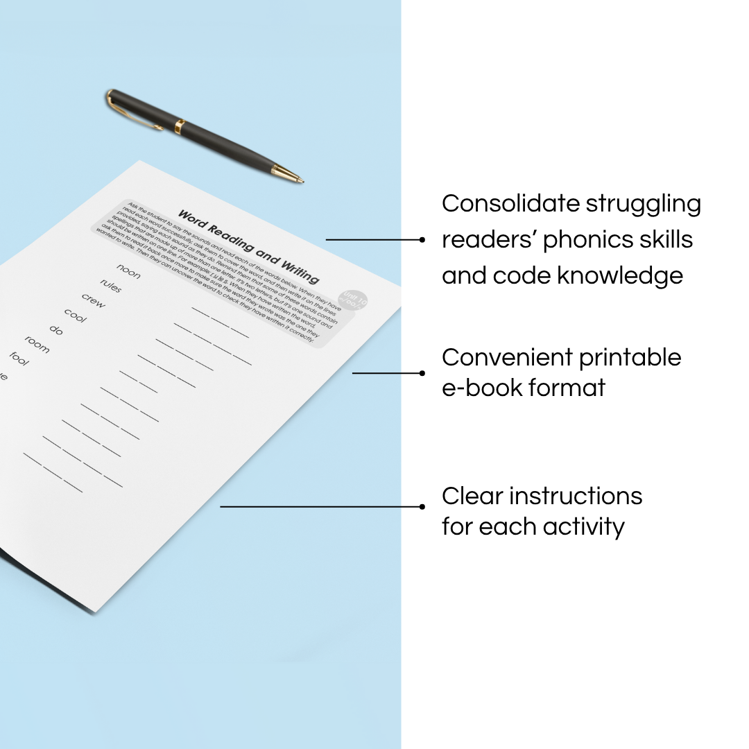 Consolidate struggling readers’ phonics skills and code knowledge Convenient printable e-book format Clear instructions for each activity