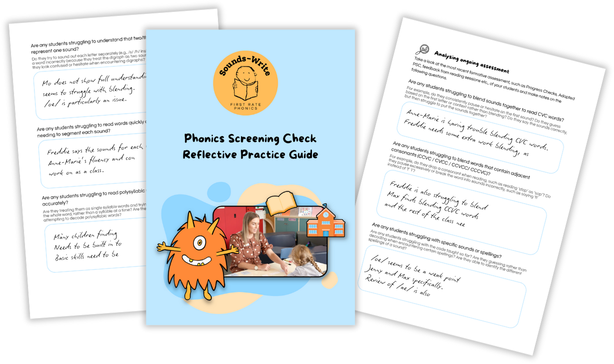 Phonics Screening Check Reflective Practice Guide with two example pages
