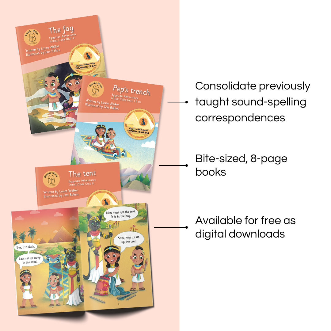 Consolidate previously taught sound-spelling correspondences. Bite-sized, 8-page books. Available for free as digital downloads.