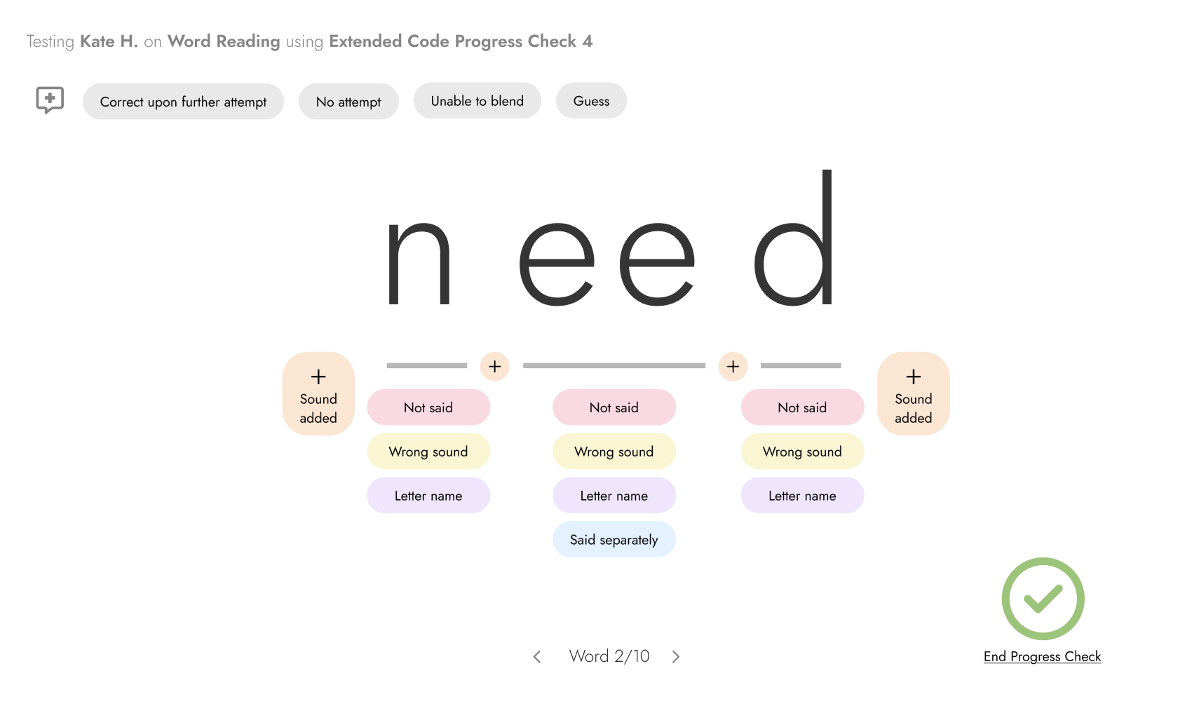 Progress tracker assessment screen